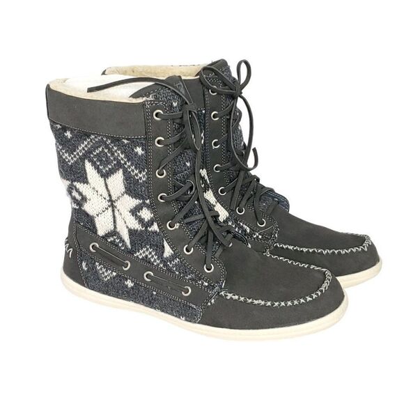 Knit Sweater Boot 9 Gray Faux Suede Lace Up Fair Isle Snowflake Kensie Girl - Picture 1 of 6